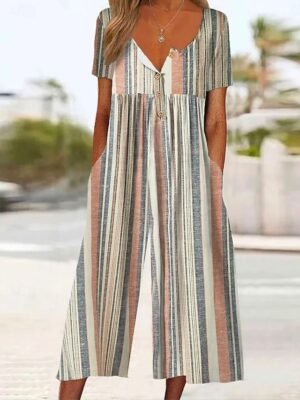 Vacation Regular Fit Floral Round Neck Short Sleeve Wide Leg Jumpsuit - Image 4