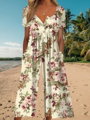 Vacation Regular Fit Floral Round Neck Short Sleeve Wide Leg Jumpsuit - Image 5