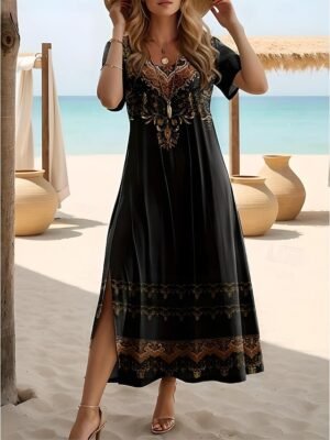 Vacation Regular Fit Graphic Crewneck Short Sleeve Midi Dress - Image 1