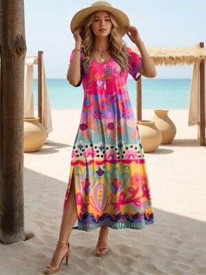 Vacation Regular Fit Graphic Crewneck Short Sleeve Midi Dress - Image 3