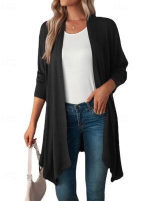 Vacation Regular Fit Solid Open Front Long Sleeve Cardigan - Image 14