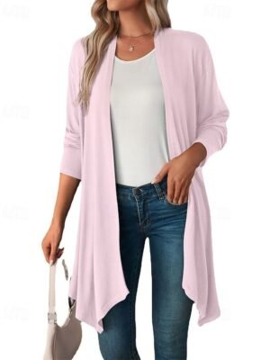 Vacation Regular Fit Solid Open Front Long Sleeve Cardigan - Image 17