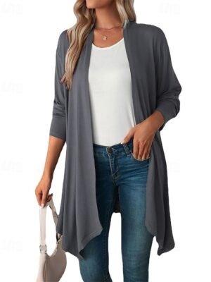 Vacation Regular Fit Solid Open Front Long Sleeve Cardigan - Image 4