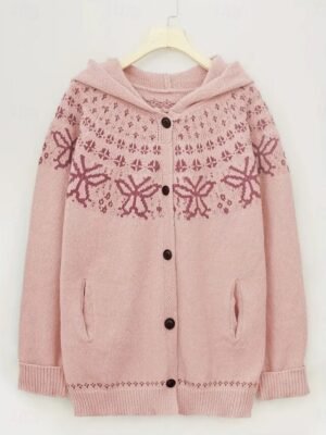 Vacation Regular Geometric Hooded Long Sleeve Knit Cardigan - Image 2