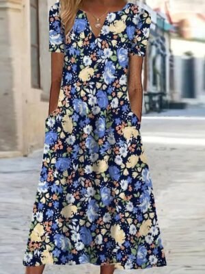 Vacation Shift Floral V Neck Short Sleeve Midi Dress - Image 1