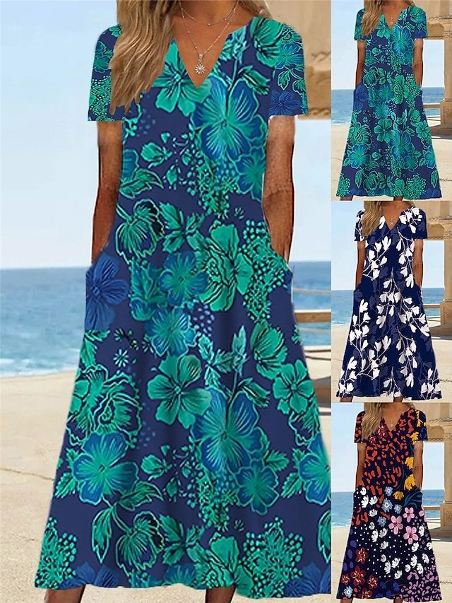 Vacation Shift Floral V Neck Short Sleeve Midi Dress - Image 1