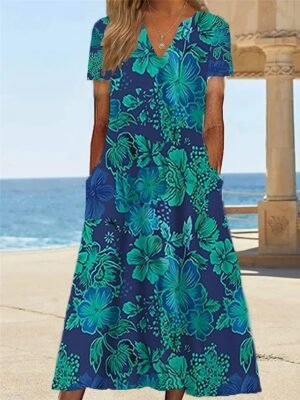 Vacation Shift Floral V Neck Short Sleeve Midi Dress - Image 2