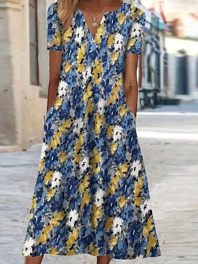 Vacation Shift Floral V Neck Short Sleeve Midi Dress - Image 2