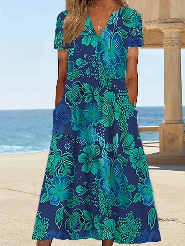 Vacation Shift Floral V Neck Short Sleeve Midi Dress - Image 2