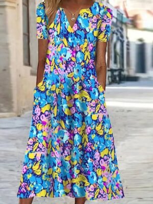 Vacation Shift Floral V Neck Short Sleeve Midi Dress - Image 3