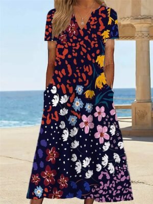 Vacation Shift Floral V Neck Short Sleeve Midi Dress - Image 4