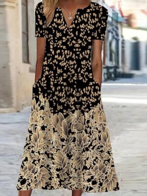 Vacation Shift Floral V Neck Short Sleeve Midi Dress - Image 4