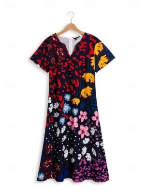 Vacation Shift Floral V Neck Short Sleeve Midi Dress - Image 5