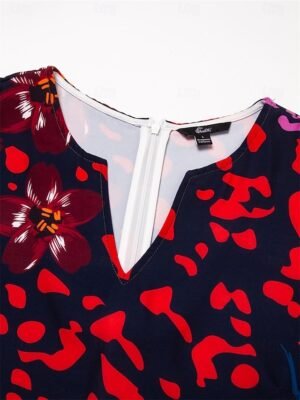 Vacation Shift Floral V Neck Short Sleeve Midi Dress - Image 7