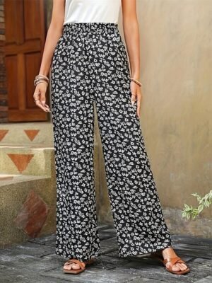 Vacation Wide Leg Floral Mid Waist Full Length Trousers - Image 1