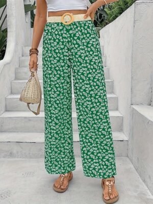 Vacation Wide Leg Floral Mid Waist Full Length Trousers - Image 11