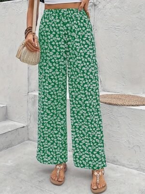 Vacation Wide Leg Floral Mid Waist Full Length Trousers - Image 12