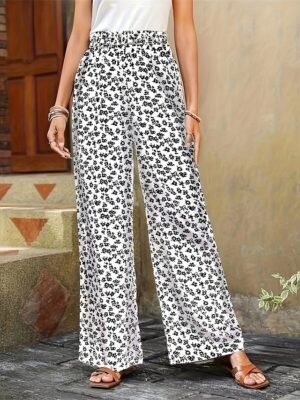 Vacation Wide Leg Floral Mid Waist Full Length Trousers - Image 5