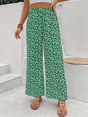 Vacation Wide Leg Floral Mid Waist Full Length Trousers - Image 9