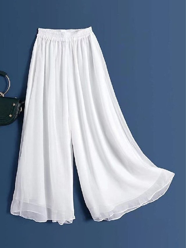 Vacation Wide Leg Plain Elastic Waist Full Length Trousers - Image 1