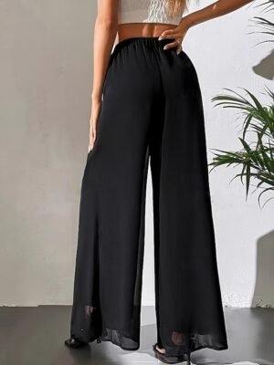 Vacation Wide Leg Plain Elastic Waist Full Length Trousers - Image 13