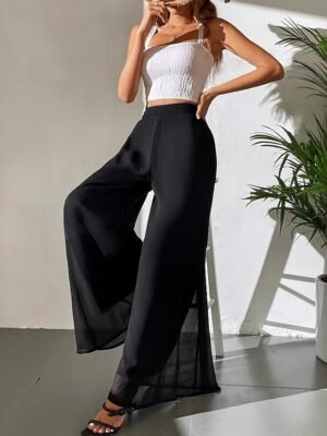 Vacation Wide Leg Plain Elastic Waist Full Length Trousers - Image 14