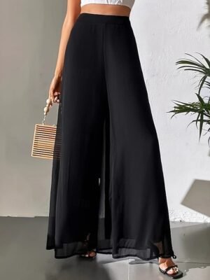 Vacation Wide Leg Plain Elastic Waist Full Length Trousers - Image 15