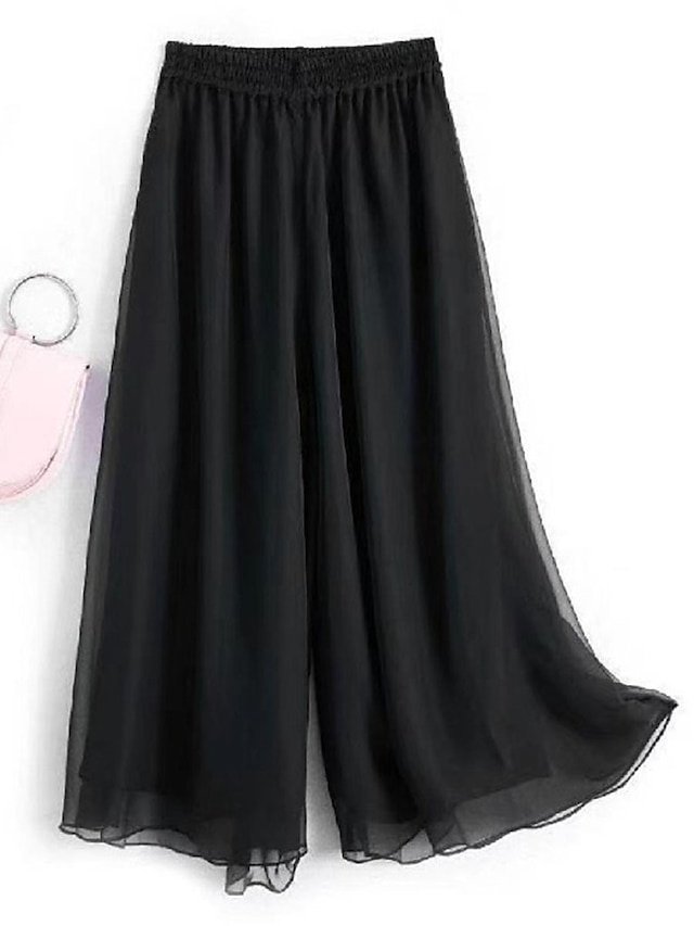 Vacation Wide Leg Plain Elastic Waist Full Length Trousers - Image 2