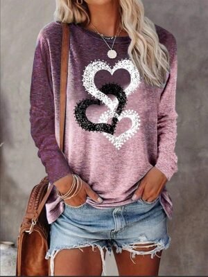 Valentine Casual Heart Print Crew Neck Long Sleeve Regular Top - Image 1