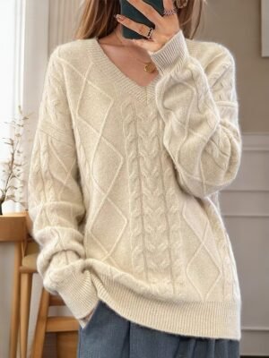 Valentine Loose Argyle V Neck Long Sleeve Pullover - Image 2