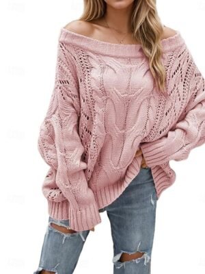 Valentine Loose Pure Colour Off Shoulder Long Sleeve Knitted Sweater - Image 2