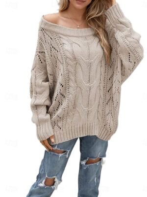 Valentine Loose Pure Colour Off Shoulder Long Sleeve Knitted Sweater - Image 4