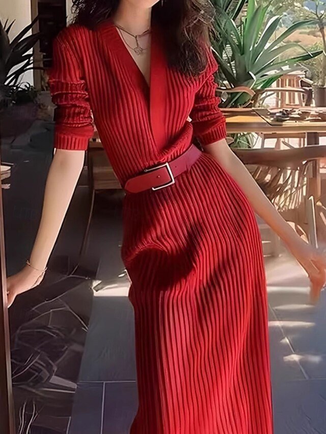 Valentine Regular Fit Plain V Neck Long Sleeve Maxi Sweater Dress - Image 2