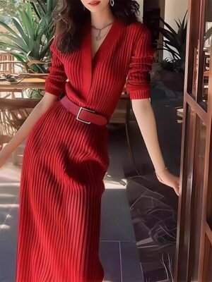 Valentine Regular Fit Plain V Neck Long Sleeve Maxi Sweater Dress - Image 3