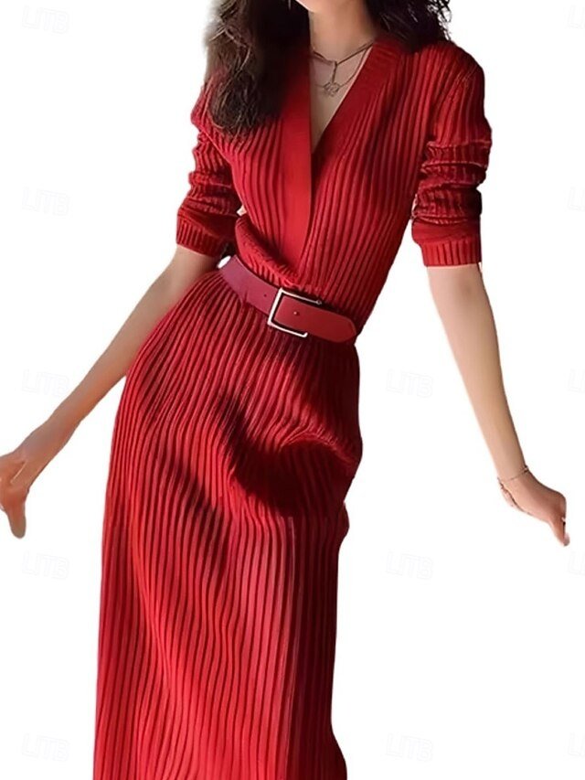 Valentine Regular Fit Plain V Neck Long Sleeve Maxi Sweater Dress - Image 4