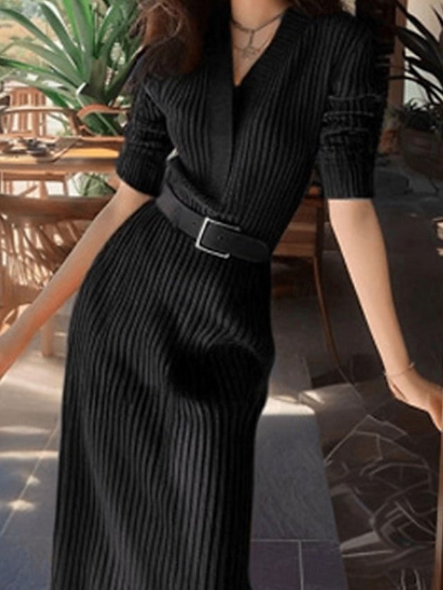 Valentine Regular Fit Plain V Neck Long Sleeve Maxi Sweater Dress - Image 5