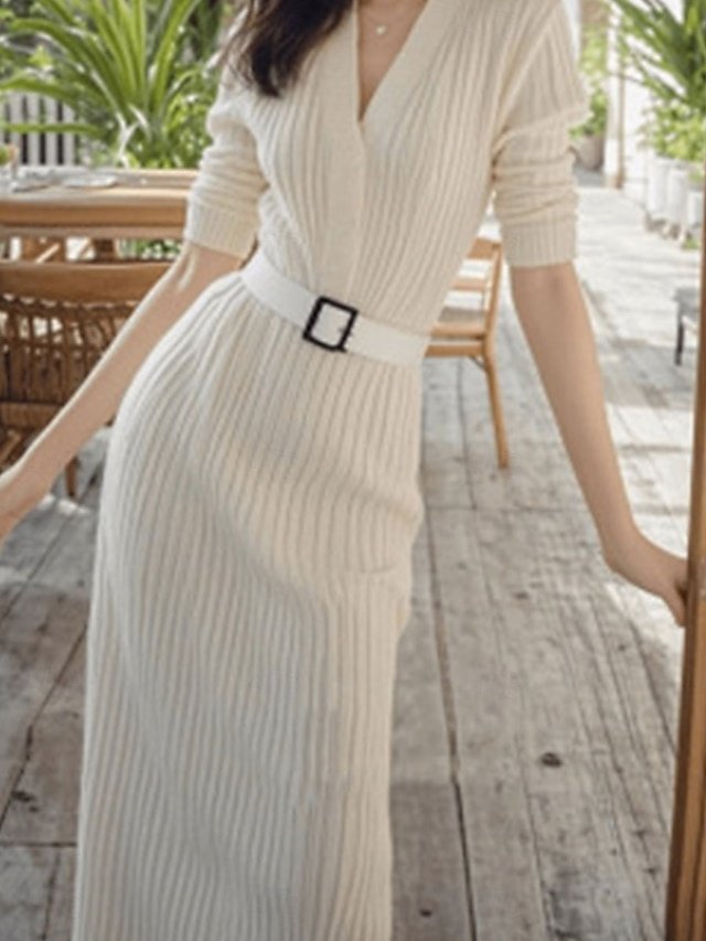 Valentine Regular Fit Plain V Neck Long Sleeve Maxi Sweater Dress - Image 6