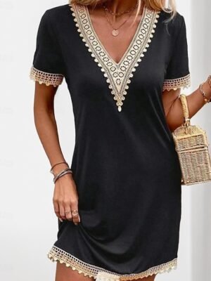 Versatile Comfortable Solid V-Neck Short Sleeve Knee-Length Dress - Image 1