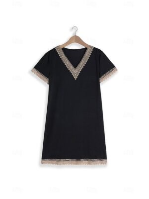 Versatile Comfortable Solid V-Neck Short Sleeve Knee-Length Dress - Image 11