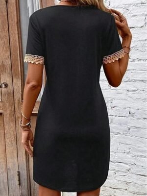 Versatile Comfortable Solid V-Neck Short Sleeve Knee-Length Dress - Image 2