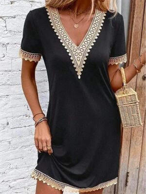 Versatile Comfortable Solid V-Neck Short Sleeve Knee-Length Dress - Image 3