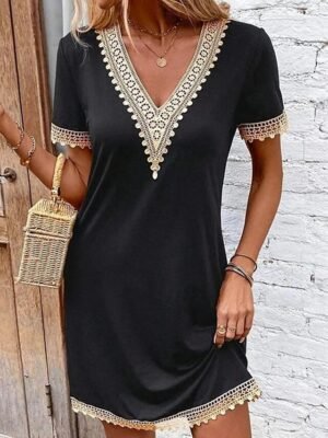Versatile Comfortable Solid V-Neck Short Sleeve Knee-Length Dress - Image 4