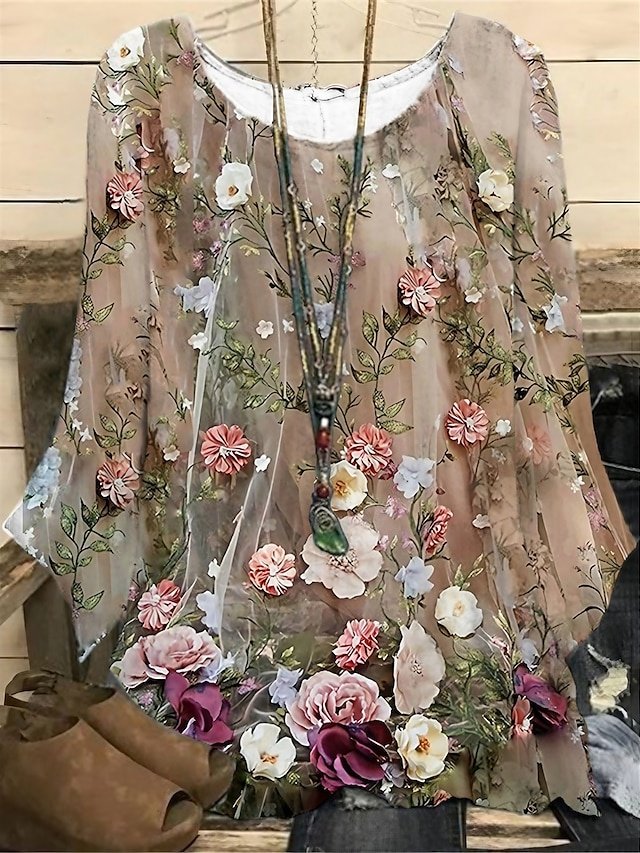 Vintage Casual Floral Crew Neck Long Sleeve Regular Blouse - Image 1