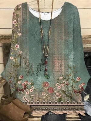 Vintage Casual Floral Crew Neck Long Sleeve Regular Blouse - Image 4