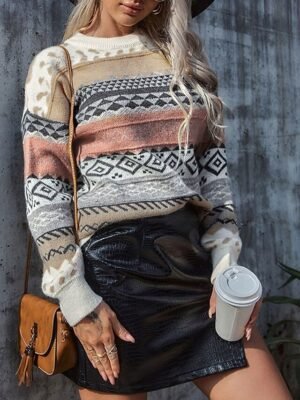 Vintage Casual Geometric Crew Neck Long Sleeve Regular Knit Top - Image 1