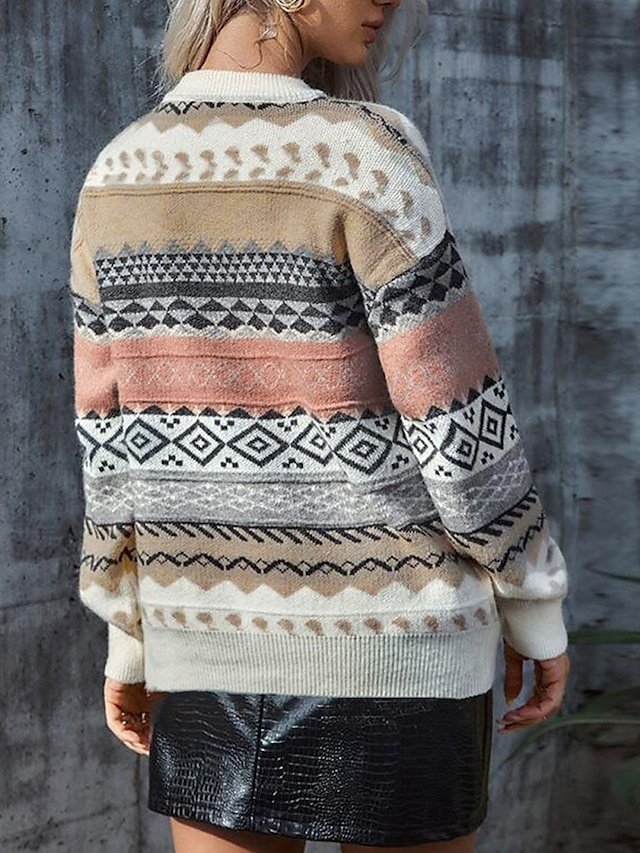 Vintage Casual Geometric Crew Neck Long Sleeve Regular Knit Top - Image 2