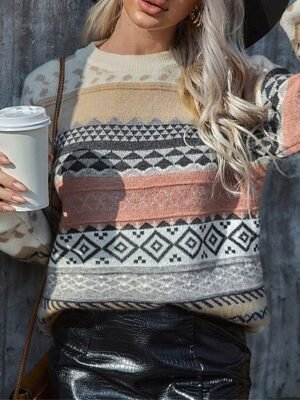 Vintage Casual Geometric Crew Neck Long Sleeve Regular Knit Top - Image 3