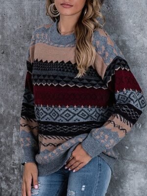 Vintage Casual Geometric Crew Neck Long Sleeve Regular Knit Top - Image 5