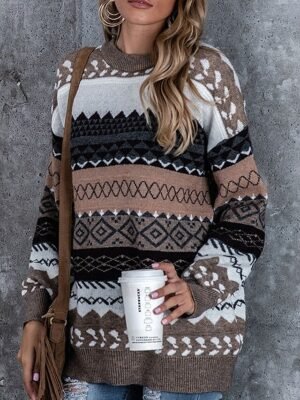 Vintage Casual Geometric Crew Neck Long Sleeve Regular Knit Top - Image 8