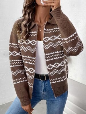Vintage Casual Geometric Open Front Long Sleeve Regular Sweater Jacket - Image 1